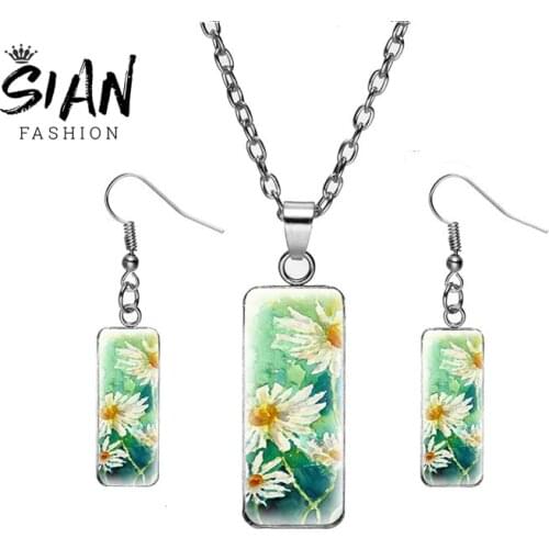 SIAN Flower Jewelry Sets Plant Art Photo Rectangle Necklace Earrings Glass Cabochon Fashion Women Gift Cute Jewelry Accessories