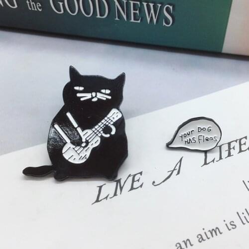 New black cat gentleman playing guitar Lapel Pin fashion brooch YOU dog has fleas text badge denim clothes Jewelry gift