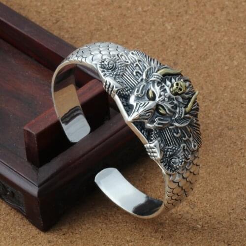 New S925 sterling silver retro Thai silver opening bracelet fashion personality domineer big roc bird male bracelet