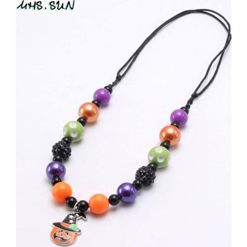 MHS.SUN hollaween style baby kids chunky bubblegum beads necklace with pumpkin pendant diy girls rope chain necklace gift 1pc