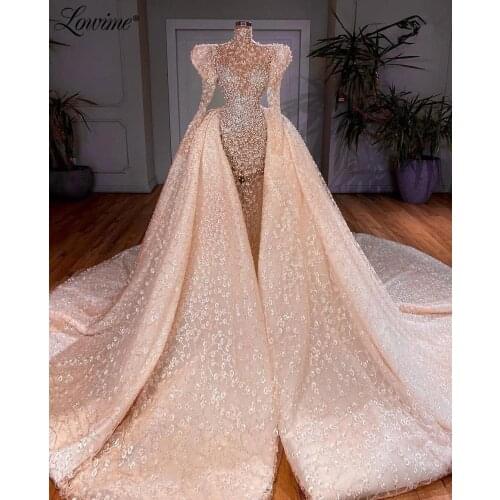 Luxury Heavy Pearls Long Wedding Dresses Arabic Lace Bridal Gowns 2021 Couture Robe De Mariée Plus Size With Detachable Train