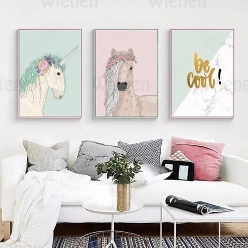 Nordic Pink Green Poster Hand-Painted Cartoon Animal Unicorn Flamingo Horse Canvas Painting Wall Art Love Quotes Home Decoration