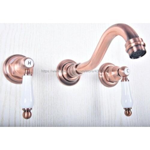 Bathroom Basin Faucet Set 3 hole Antique Red Copper Handle Wall Mounted Bathroom Sink Faucet Hot Cold Tap Nsf504