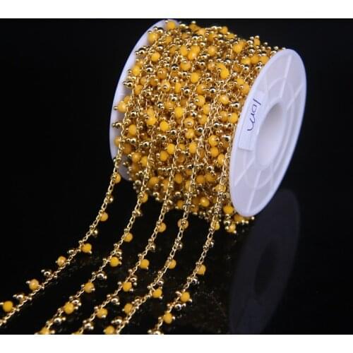 Dark yellow Glass Bead&Copper beads Chain Plating gold, 3x4mm Crystal Faceted Rondelle Wire Wrapped Chain Bracelet Necklace