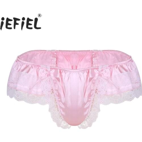 Mens Sissy Jockstraps Panties Shiny Satin Lingerie Layers Floral Lace Back with Big Bowknot Bikini Thongs String Homme Underwear