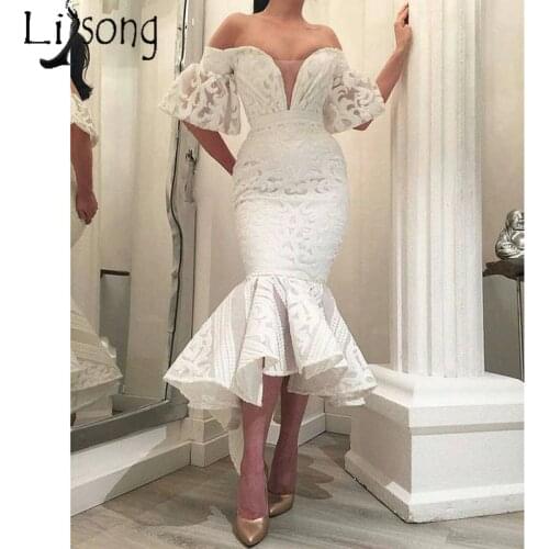 Elegant Ankle Length Mermaid Evening Dress Off Shoulder Puffy Bottom Short Sleeve Chic Prom Dresses Full Lace Formal Party Gowns