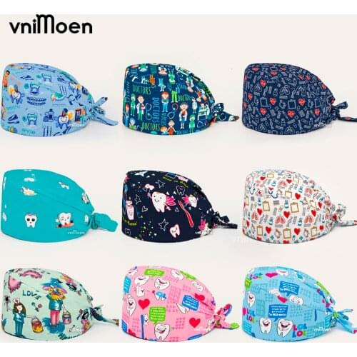 High Quality cartoon printing Scrub hat pet shop laboratory working hat with Sweat band beauty salon Dental unisex Scrub Cap