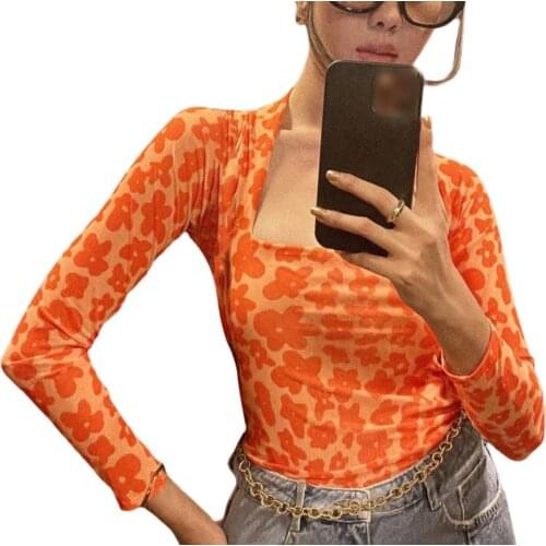 Women Close-fitting Pullover Orange Floral Printed Pattern Long Sleeve Square Collar Tops S M L