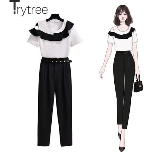 Trytree 2021 Summer Women Two Piece Set Casual Patchwork Ruffles Tops + Solid Harem Pants Belt Pocket Office Lady 2 Piece Set