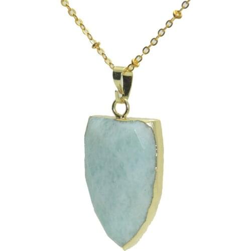 1pc Green Popular Jewelry natural amazonite shield pendant chain necklace faceted gold healing gem stone necklace for women