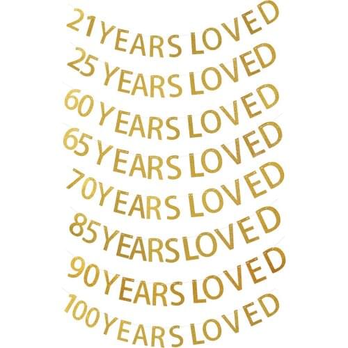 21/25/60/65/7085/90/100 Years Loved Banner Glitter Birthday Banner Bunting for Birthday Party Celebration Anniversary Photo Prop
