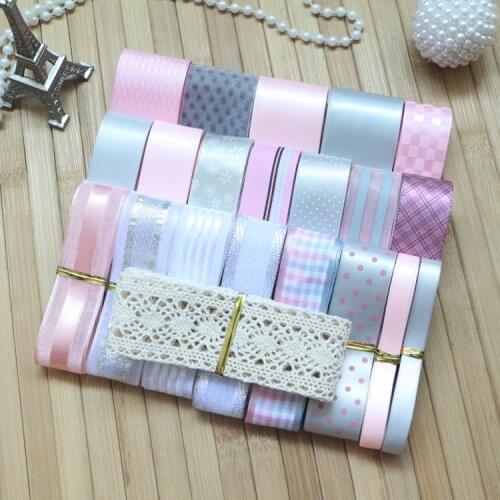 22 Yards/Set--- DIY Hair Bow Material Pink & Silver (Gray) Color Mix Ribbon Set
