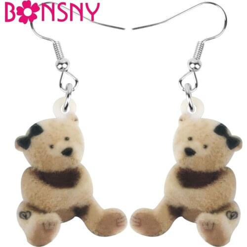 Bonsny Acrylic Brown Bowknot Doll Plush Bear Earrings Printing Big Cute Animal Dangle Drop For Women Girls Classic Gift Jewelry