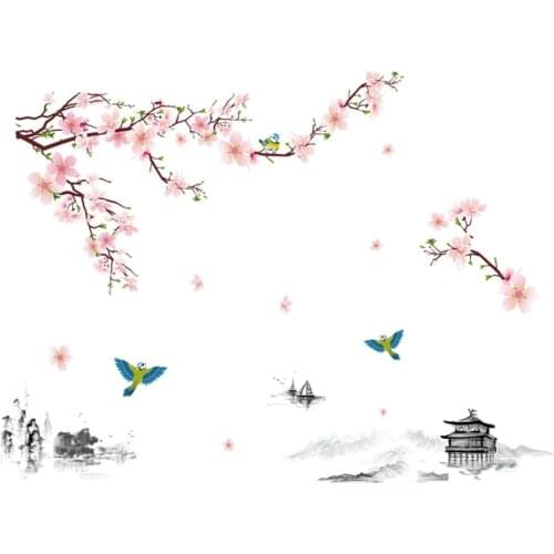 Ink painting peach blossom landscape wall sticker Chinese style wallpaper living room sofa background decoration home stickers