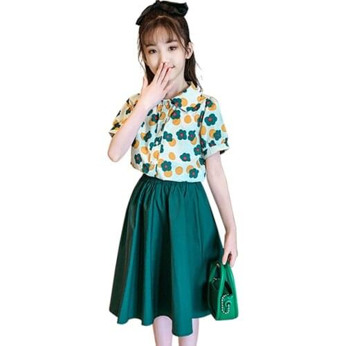 Girls Clothes Floral Tshirt + Skirt Teenage Girls Clothing Casual Style Girls Tracksuit Summer Childrens Clothing 6 8 10 12 14