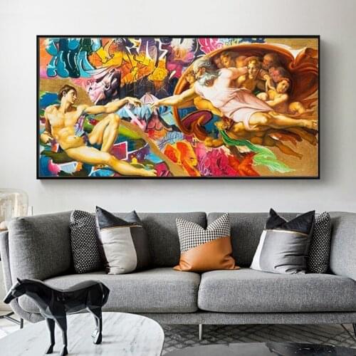 Creation of Adam Graffiti Art Canvas Painting Posters and Prints Hand To Hand Street Wall Art Pictures Cuadros for Living Room