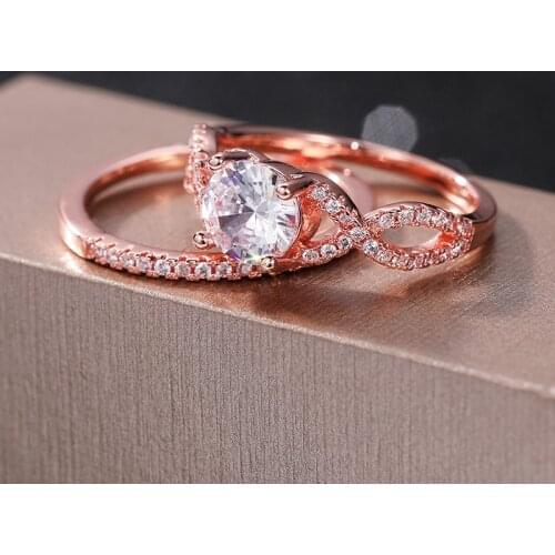 Huitan Fancy Twist Design 2Pcs/Set Rings Bridal Wedding Ceremony Party Accessories for Women Rose Gold Color CZ Fashion Jewelry
