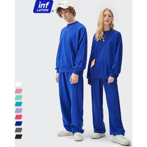 INFLATION Solid Color Sweatshirt And Sweatpant Set Couple Loose Fit Sweatshirt Sportswear Mens Set Streetwear