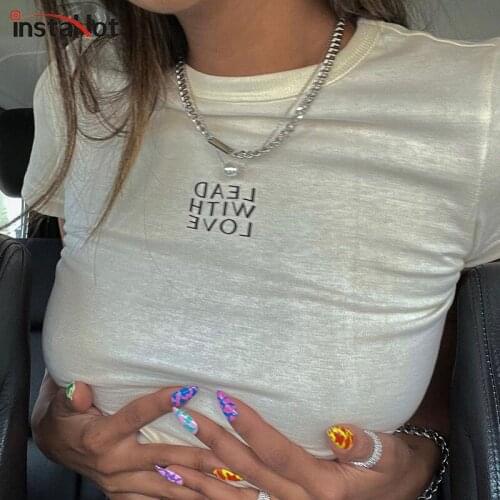 InstaHot Y2K Harajuku T Shirt Short Sleeve Casual Sexy Streetwear 2021 Summer Women Vintage Cropped Top tshirt Letter Print Tee