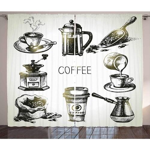 Coffee Curtains Brewing Equipment Doodle Sketch Grinder French Press Plastic Cup Scoop Vintage Living Room Bedroom Window Drapes