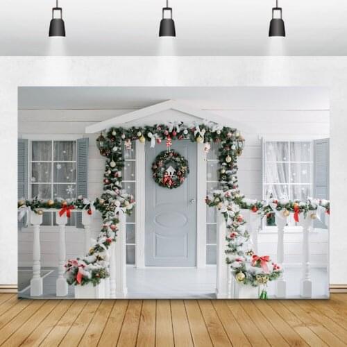 Modern Photography Backgrounds For Wreath Christmas Decro Garland Porch White Snow Door Photographic Backdrops For Photo Studio
