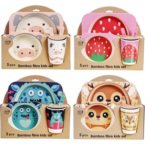 5pcs/Lot Dinner Set Plates And Dishes Children Cartoon Fork Spoon Bowl Plate Cup Kit Bamboo Fiber Kids' Tableware Set