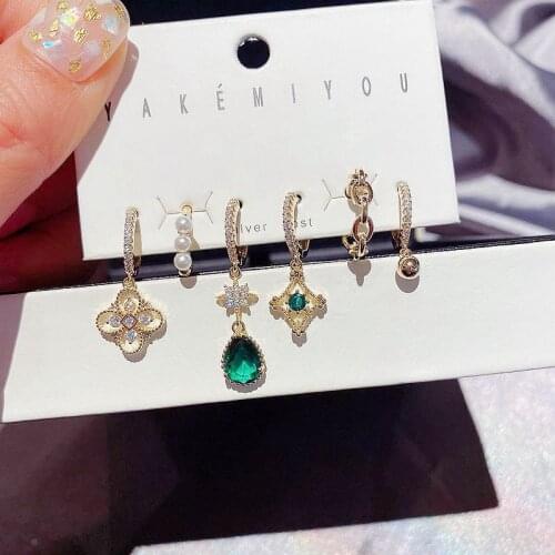 MIGGA 6pcs Mix Vintage Green CZ Stone Water Drop Huggie Earrings Set and Small Ear Cuff Women Accessories