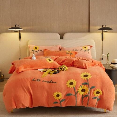 Super Warm Cosy Velvet Fleece sunflower Towel Embroidery Princess Girls Bedding Set Duvet Cover Flat/Fitted Sheet Pillowcases