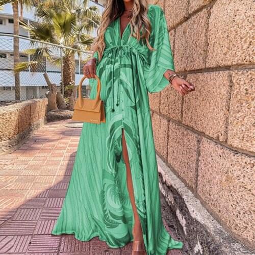 Autumn Chic Long Sleeve Lace Up Dress Women Sexy V Neck Print Button Up Maxi Dress Casual Loose Boho Beach Dress Party Vestidos