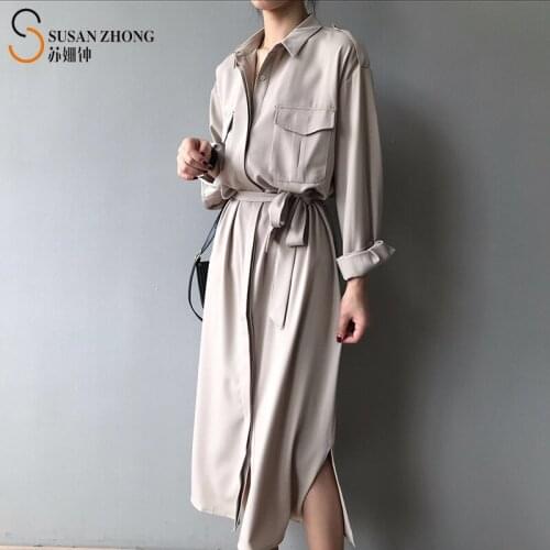 Women Female Dress One-Piece Feminine Loose Safari Shirt Tunic Drop Shoulder Button Cuff Flap Pockets Side Slit With Belt