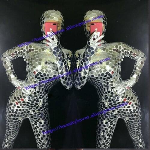 Sexy Women Silver mirror bodysuit dj stage performance wears outfits bar jumpsuit robot dance costume