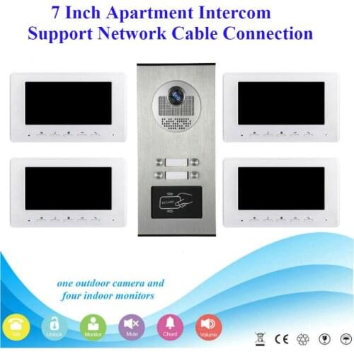 SmartYIBA 7" Network Cable Connect Video Intercom System IR Cut Video&Audio Intercom Video Doorbell For 4 Units Apartment