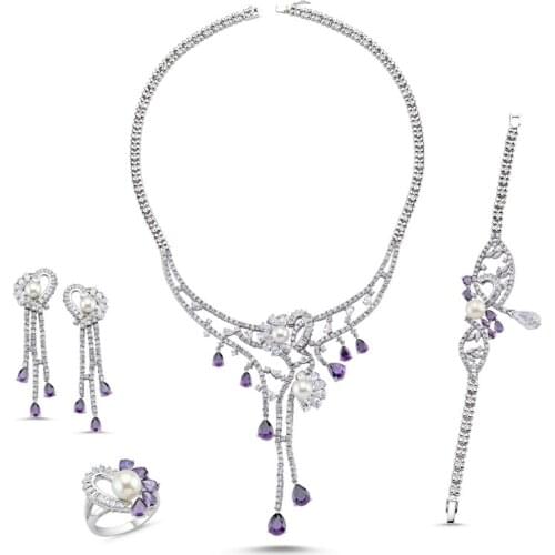 Silverlina Silver Purple Zircon Cubic Zirconia and Pearl Necklace, Bracelet, Ring and Earrings Set