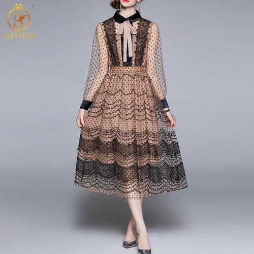 SMTHMA 2021 New Fashion Runway Mesh Mid-Length Dress Robe Women Long Sleeve Elegant Bow Collar Party Dresses Vestidos