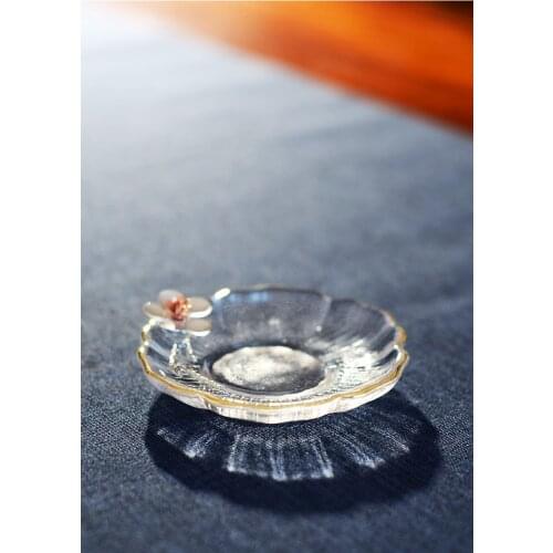 Japanese Style Hammered Pattern Glass Cup Holder Flower-shaped Cup Mug Glass Drink Holder With Tin Plum Blossom Tea Coaster