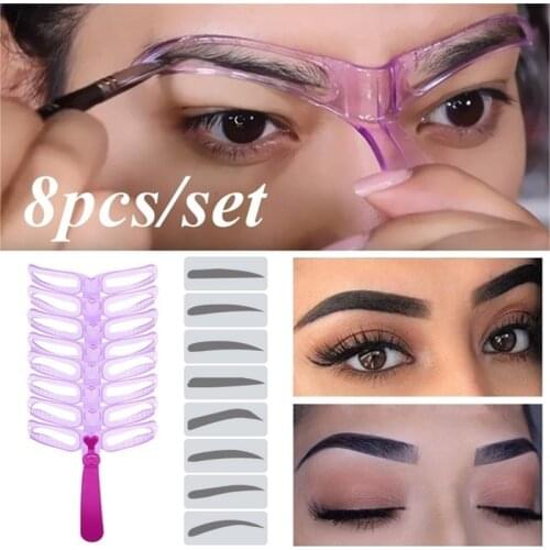 8 In1 Reusable Eyebrow Stencils Purple Eyebrow Shape Defining Template Helper Grooming Kit Makeup Tools Eye Brow Shaper