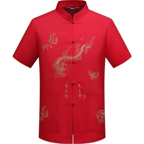Chinese Traditional Tang Clothing Top Mandarin Collar Kung Fu Wing Chun Garment Top Short Sleeve Embroidery Dragon Shirt M-XXXL