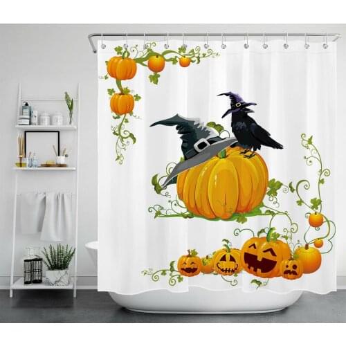 Autumn Harvest Pumpkin Waterproof Fabric Shower Curtain Halloween Black Crow Witch Green Vine For Bathroom Decor with Hooks
