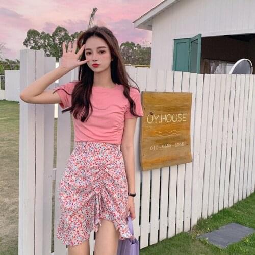 2020 Floral Print Pink Skirts Womens Summer Elastic Mini Skirt and Top Set Pleated A-line Skirt T Shirt For Women Matching Sets