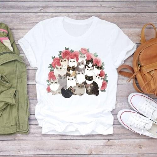 Women Cat Flower Clothing Floral Kawaii 90s Animal Fashion Print Lady T-shirts Top Womens Graphic T Shirt Female Tee T-Shirt