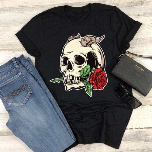 Women Hipster Gothic Top Tee Shirt Colored Rose And Skull T-shirt Aesthetic Unisex Short Sleeve Goth Halloween Tshirt Retro