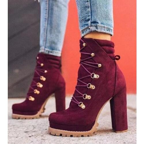 2021 Women Flock Rivet Ankle Boots Female Square High Heels Autumn Fashion Sexy Lace-Up Shoes Ladies Retro Footwear Plus Size 43