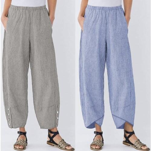 Womens Casual Striped Harem Pants 2021 ZANZEA Vintage Elastic Waist Trousers Asymmetrical Pantalon Woman Palazzo