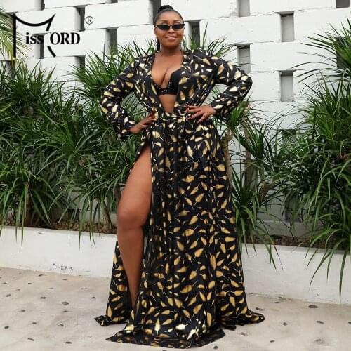 Missord 2021 Summer Women Plus Size Dress Maxi V Neck Long Sleeve Belt Side Split Feather Print Beach Dresses Curve 4XL Vestdios