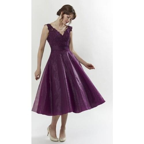 2020 Fairy Prom Dresses Purple Organza V Neck Lace Evening Dress A Line Tea Length Formal Party Gown Robe De Soiree