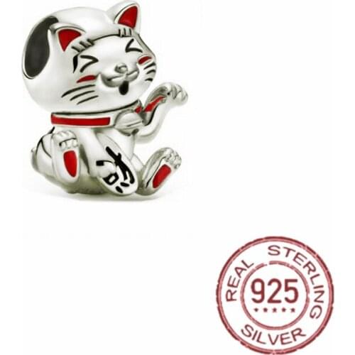 100% Real 925 Sterling Silver Chinese Lucky cat Gift Charms Fit Original pandora Bracelets Silver DIY Jewelry Women