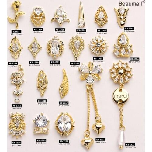 5pcs/lot, 3d Nail Art Elegant Shapes Gold Alloy With Zircon Crystal Rhinestones For Nail Tips Decorations