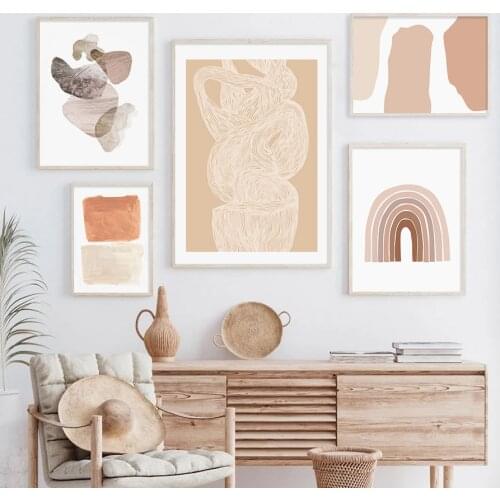 Abstract Boho Style Beige Geometry Line Canvas Painting Wall Art Prints Poster Pictures Home Interior Over the Table Decorative