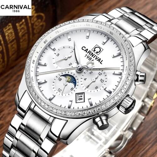 CARNIVAL New Business Mens Mechanical Watches Waterproof Genuine Stainless steel Brand Luxury Automatic Wristwatch Clock Relogio