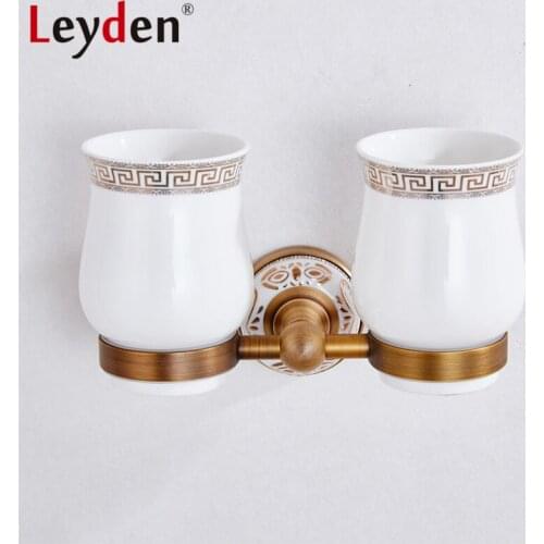 Leyden Double Toothbrush Holder with Ceramics Cups ORB/ Antique Brass Copper Wall Mounted White Base Toothbrush Tumbler Holder